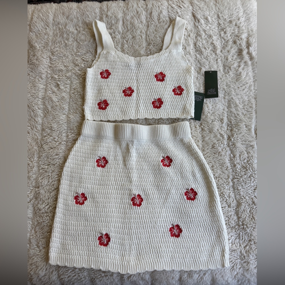 Wild Fable White Crochet Knit Top and Skirt with Red Floral Embroidery S New